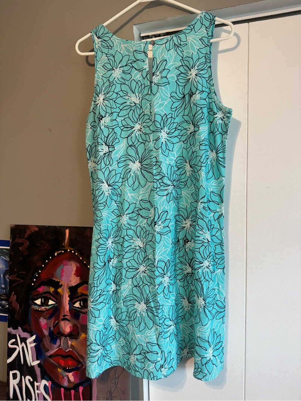 Minimalist Teal Floral Linen Blend A-Line Dress - Small/medium - Picture 8 of 11